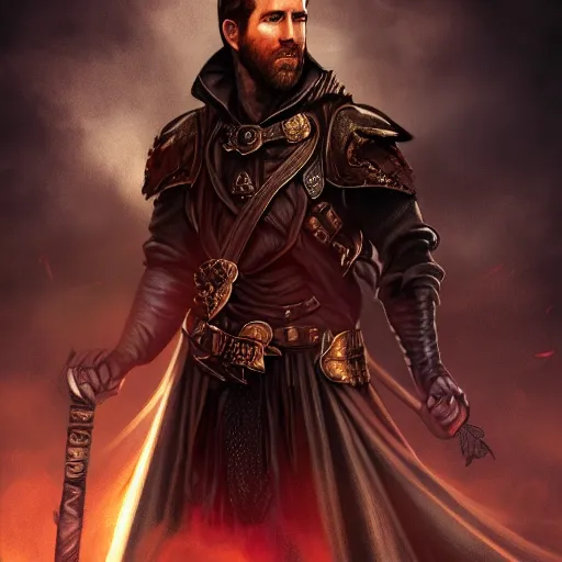 Image similar to a portrait of a Ryan Reynold as a warlock ,Grim fantasy, D&D, HDR, natural light, shoulder level shot, dynamic pose, award winning photograph, Mucha style 4k,