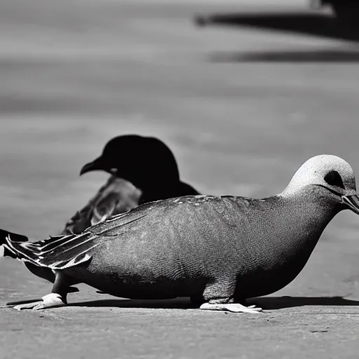 Prompt: a mexican pigeon being complacent with a french platypus spy, in the middle of pissa square, animation, sepia photography