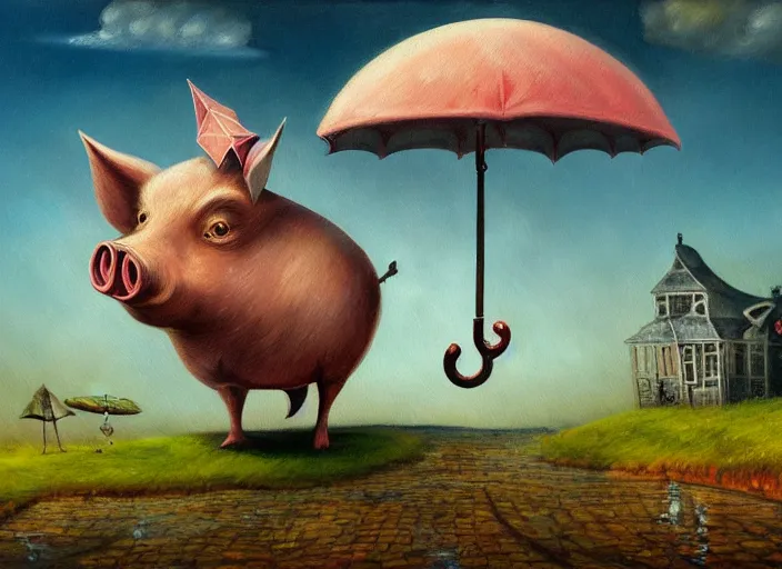 Prompt: detailed oil painting of flying pig with umbrella by marc simonette and alexander jansson, concept art