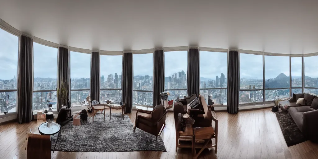 Image similar to cinematic film still of a fancy apartment living room with a stunning view 4k, fish-eye lens