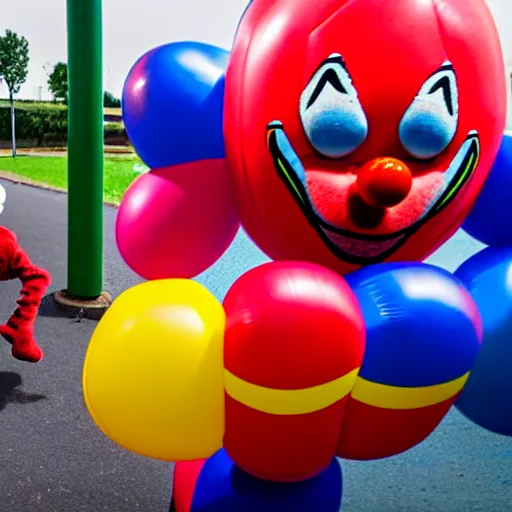 Prompt: photo of chased by a creepy clown in infinite corridors made of bouncy castle,