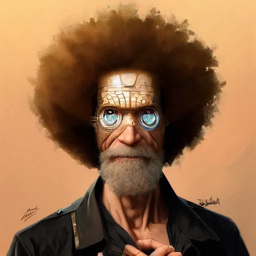 Prompt: concept portrait of cyborg bob ross intricate, elegant, highly detailed, my rendition, digital painting, artstation, concept art, smooth, sharp focus, illustration, art by greg rutkowski and alphonse mucha and uang guangjian and gil elvgren and sachin teng, symmetry!!