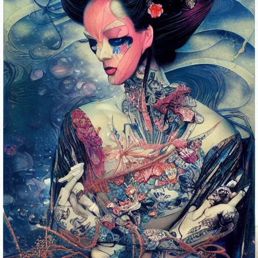 Prompt: realistic detailed image of Geisha Android, by Ayami Kojima, Amano, Karol Bak, Greg Hildebrandt, and Mark Brooks, Neo-Gothic, gothic, rich deep colors. Beksinski painting, part by Adrian Ghenie and Gerhard Richter. art by Takato Yamamoto. masterpiece