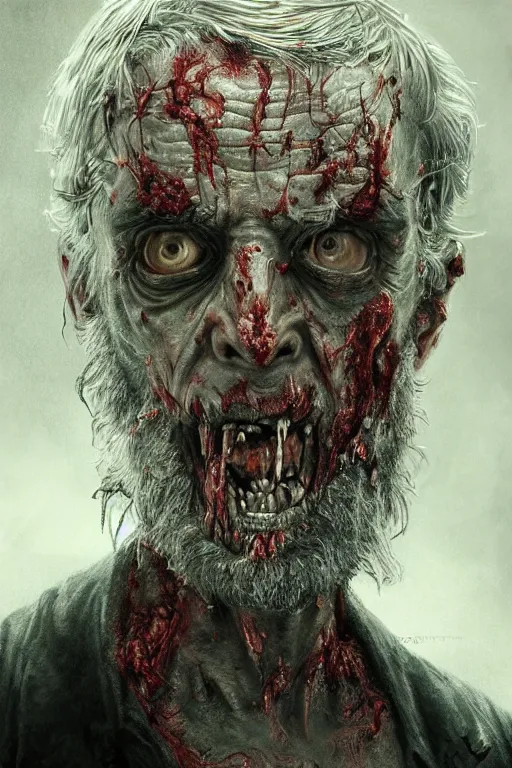 Image similar to realistic portrait of beautifully crystalized and detailed portrait of a zombie old man, matte painting of cinematic movie scene red dragon, horror, created by gustave dore and greg rutkowski, high detailed, smooth draw, synthwave neon retro, intricate, realistic proportions, dramatic lighting, trending on artstation.