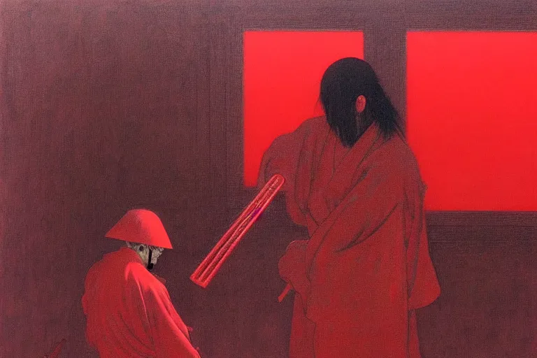 Image similar to only with red, a red samurai harakiri, tokio, a lot of frogs watch, in the style of beksinski, parts by edward hopper, parts by rodcenko, parts by yue minjun, intricate and epic composition, red by caravaggio, insanely quality, highly detailed, masterpiece, red light, artstation, 4 k