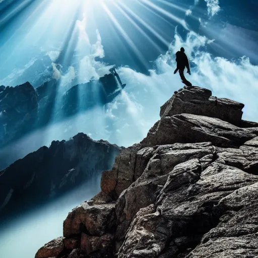 Prompt: a man climbing up a rocky mountain, no ropes, highly cinematic, dramatic, beautiful lighting, god rays, award winning photograph, national geographic, highly detailed, 4k