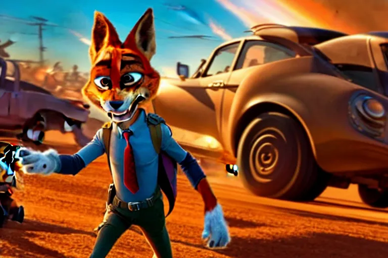 Image similar to nick wilde ( from zootopia ), heavily armed and armored facing down armageddon in a dark and gritty reboot from the makers of mad max : fury road