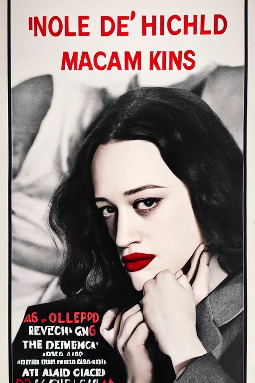 Prompt: An movie poster for an Alfred Hitchcock film featuring a portrait of featuring Kat Dennings looking at camera, medium close up