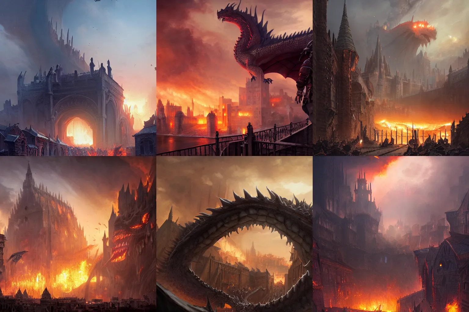 Prompt: matte painting of a giant dragon attacking the gate of a medieval city, fire, explosions, smoke, concept art, dramatic lighting, Greg Rutkowski, Darek Zabrocki, trending on artstation