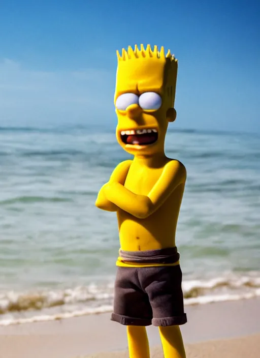 Prompt: professional photo of masculine and brutal bart simpson on the beach at noonday, blur background