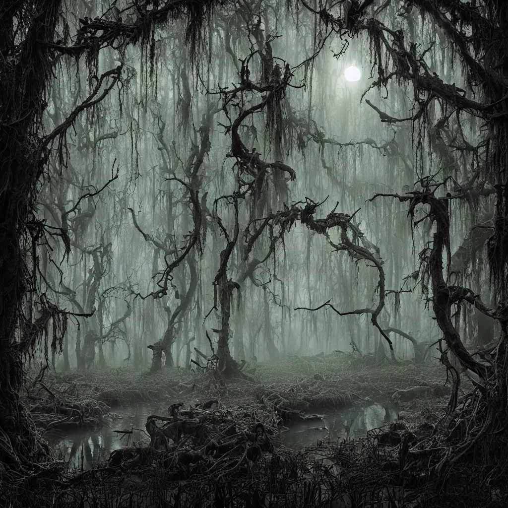 Image similar to a dark lush haunted swamp forest at night, upward cinematic angle, swamp horror, by Michael Kaluta, P. Craig Russell and Andreas Rocha, eerie moonlight, beautiful composition, intricate, elegant, digital art, detailed, mixed media painting, hyperrealistic, sharp focus, 8k