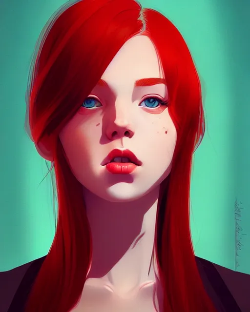 Prompt: a detailed portrait of a stunning!! woman with red hair and freckles by ilya kuvshinov, digital art, dramatic lighting, dramatic angle
