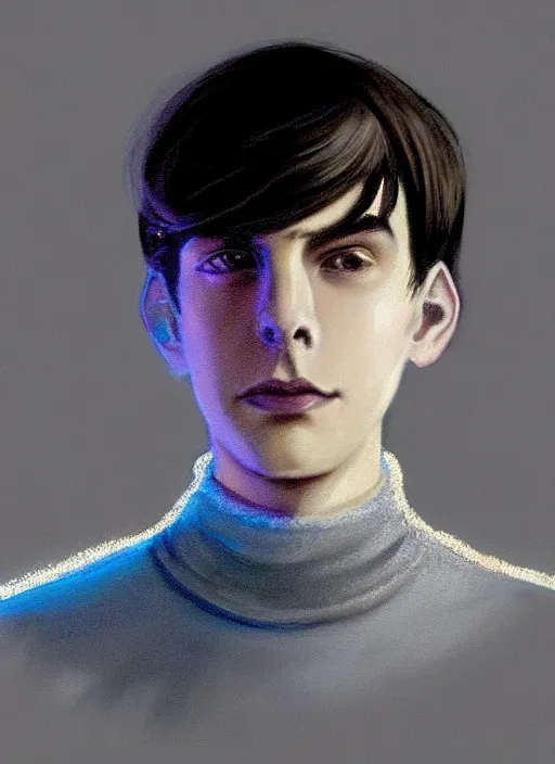 Image similar to portrait of teenage jughead jones wearing a light grey crown, crown, blue turtleneck, 1 9 5 0 s, closed eyes, photorealistic, black hair, glowing lighting, intricate, elegant, glowing lights, highly detailed, digital painting, artstation, concept art, smooth, sharp focus, illustration, art by wlop, mars ravelo and greg rutkowski