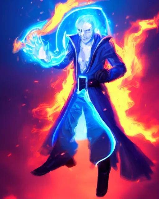 Prompt: an angry mysterious mage dressed in modern clothes controlling blue flames with his hands, fit on frame, golden ratio, WLOP style, character art, fighting pose, mixed media, digital art, trending on artstation, 8k, epic composition, highly detailed, sharp focus