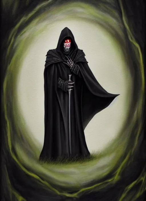 Image similar to ultradetailed painting of the necromancer, wearing a black cloak, crisp