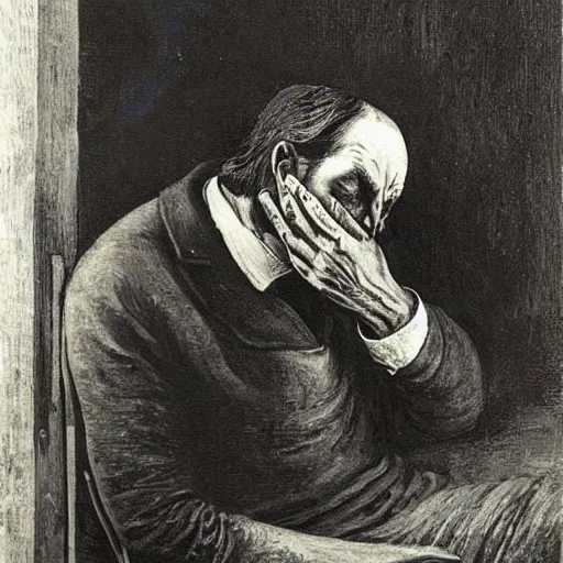 Prompt: a painter at his easel crying in despair, painting by Max Ernst