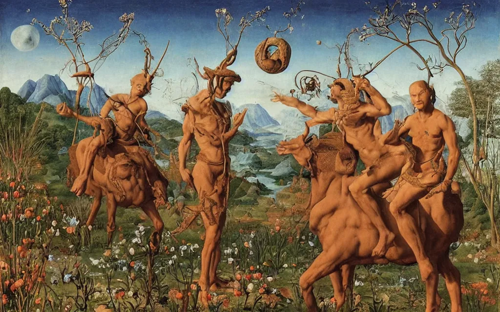 Image similar to a portrait photograph of a meditating satyr and a centaur monk riding a rocket machine and hunting at a river delta. surrounded by bulbous flowers and trees. mountain range under a blue sky of fiery stars. by jan van eyck, max ernst, ernst haeckel, ernst fuchs and artgerm, cgsociety, fashion editorial, 8 k