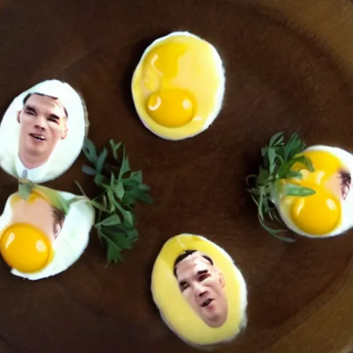 Prompt: eggs benedict cumberbatch, benedict cumberbatch's face on egg