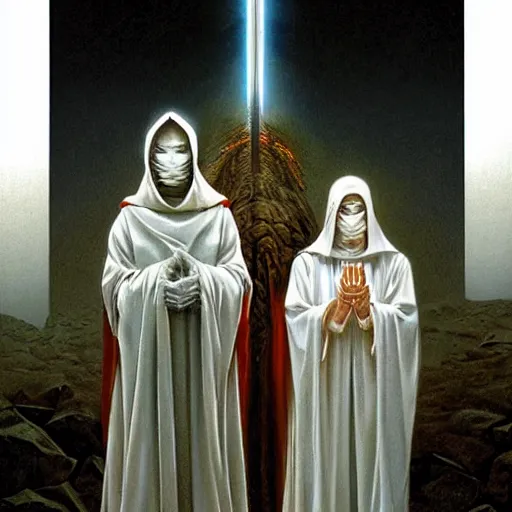 Prompt: A white robed cultist and a golden god in the darkness by Wayne Barlowe