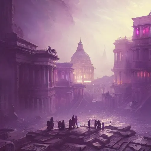 Image similar to eternal city, city of secrets, purple, environment art, fantasy art, landscape art, in the style of greg rutkowski, illustration, epic, fantasy, intricate, hyper detailed, artstation, concept art, smooth, sharp focus, ray tracing