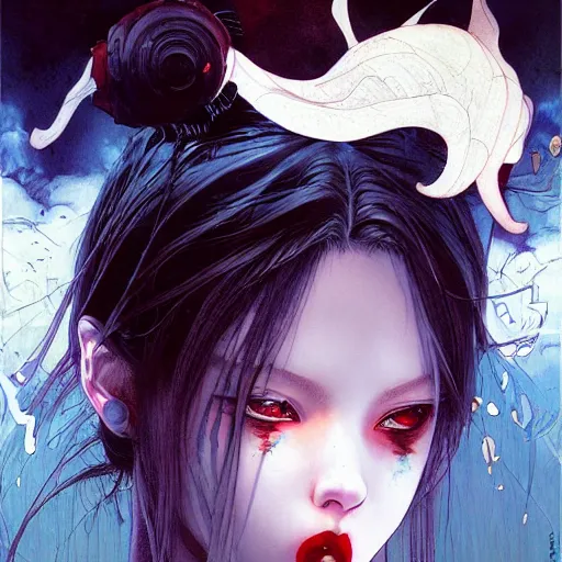 Image similar to vampire beautiful girl soft light painted by james jean and katsuhiro otomo and erik jones, inspired by evangeleon anime, smooth face feature, intricate oil painting, high detail illustration, sharp high detail, manga and anime 1 9 9 9