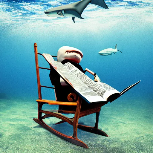 Image similar to a shark sitting in a chair reading a book underwater realistic hdr 8 k 3 5 mm