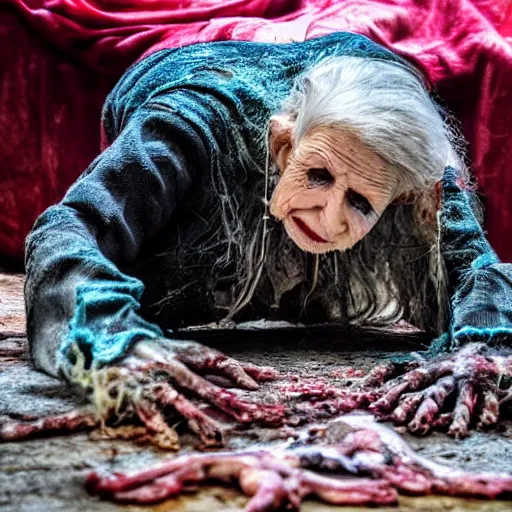 Image similar to an ultra realistic 8 k hdr photo of an elderly jagged raggedy witch woman circled up on the floor over a corpse with blood and meat and bones and mold and spider webs