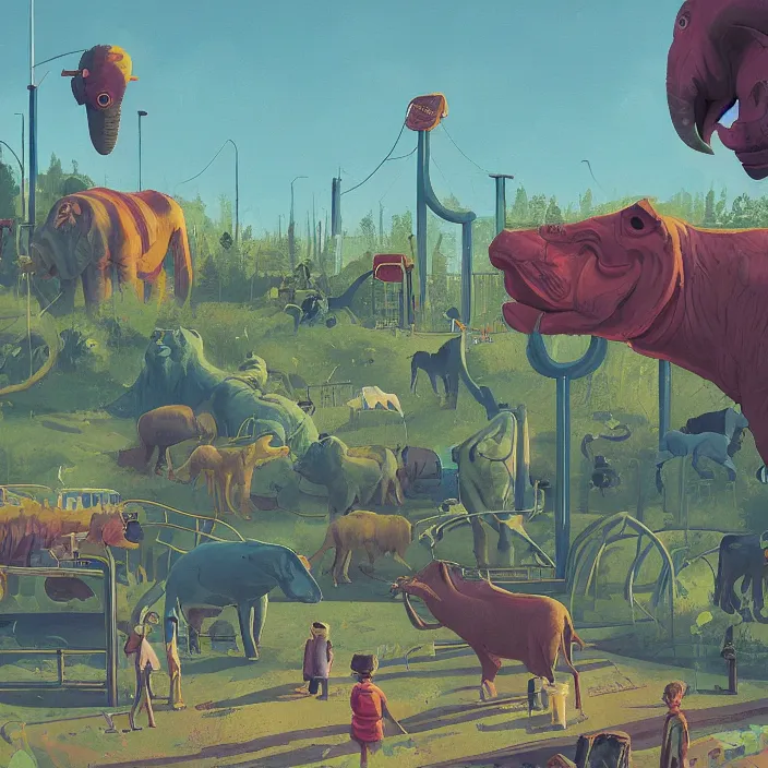 Prompt: a beautiful day at the zoo, by simon stalenhag