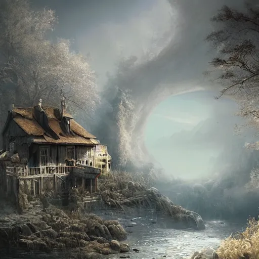Prompt: michal karcz cartoon painting of a beautiful landscape. , horror theme, detailed, elegant, intricate, 4k,