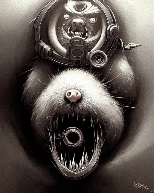 Image similar to wrecking ball the hamster from overwatch, with an evil and crazy look inn her eyes, character portrait, portrait, close up, concept art, intricate details, highly detailed, horror poster, horror, vintage horror art, realistic, terrifying, in the style of michael whelan, beksinski, and gustave dore