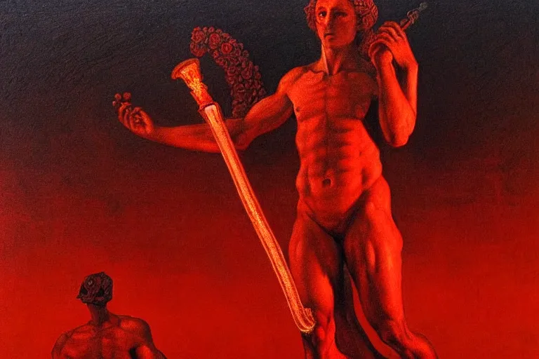 Image similar to only with red, a red melted apollo with a laurel wreath and a flaming sword announce the win, atene in the background, in the style of beksinski, part by hopper, part by rodcenko, part by hofbauer, intricate composition, red by caravaggio, insanely quality, highly detailed, masterpiece, red light, artstation