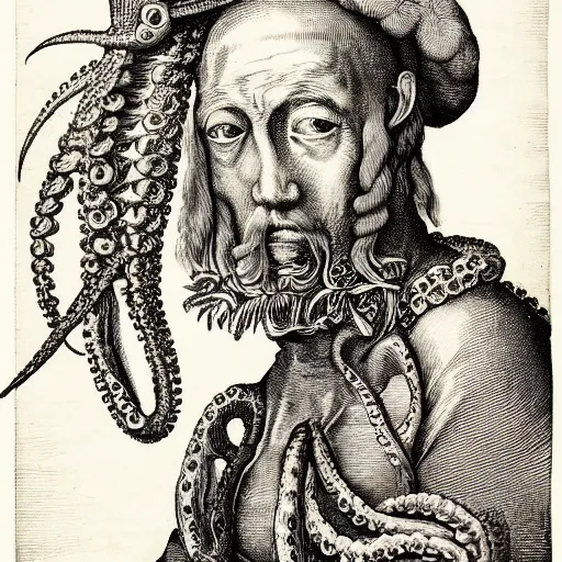 Image similar to A colonial soldier with an octopus head in the style of Albrecht Dürer, engraving, ink, black and white, 17th century