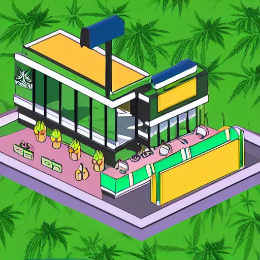 Image similar to idyllic isometric cartoon render of a new cannabis club in australia, popular place to be