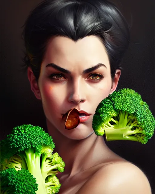 Image similar to Close-up stunning portrait of Batman eating broccoli, digital painting, concept art, highly detailed, digital painting, Trending on Artstation, 8K, by artgerm and greg rutkowski and alphonse mucha