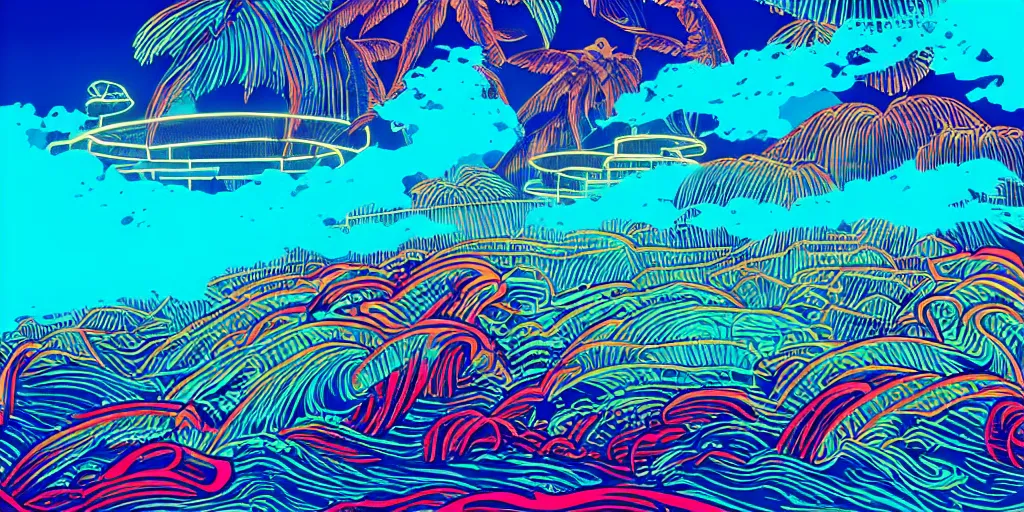 Image similar to glowing turquoise waves off the coast of Maui. Boats in the harbor. Macaw parrots flying above jungle trees. neon sign buildings with telephone lines, dramatic lighting style of Laurie Greasley and Satoshi Kon, symmetric lights and smoke, psychedelic effects, glowing particles, fractal neon rain.
