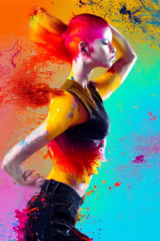 Prompt: a award winning half body portrait of a beautiful woman in a croptop and cargo pants with ombre red orange yellow hairstyle with head in motion and hair flying, paint splashes, splatter, outrun, vaporware, shaded flat illustration, digital art, trending on artstation, highly detailed, fine detail, intricate