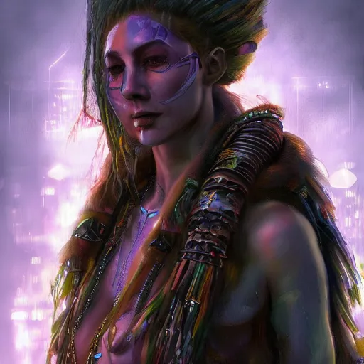 Image similar to detailed portrait of a futuristic sci - fi shaman in an impressive scene. extremely detailed. beautiful lighting. trending on artstation.