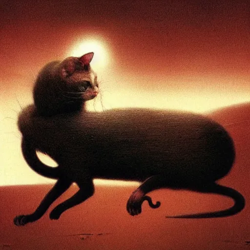 Prompt: An evil cat chasing a mouse, eerie, digital art by Beksinski