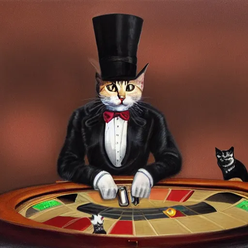 Prompt: a male cat wearing a tophat and suit, smoking a cigar, wielding a gun and pointing it at the camera, inside a casino, surrounded by female cats, oil painting, 4k