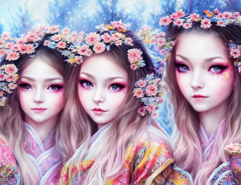 Image similar to two beautiful fashion siberian girls wear fantasy kimono in festival | | big eyes, sunny, dreamlike art, realistic shaded, smile, good looking, hyper details, 4 k realistic, cryengine, realistic shaded lighting poster by artgerm, ross tran, fuji choko, loish, 8 k resolution, trending on artstation, luxury