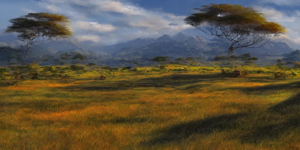 Prompt: Malagasy landscape in the early morning, digital painting, highly detailed