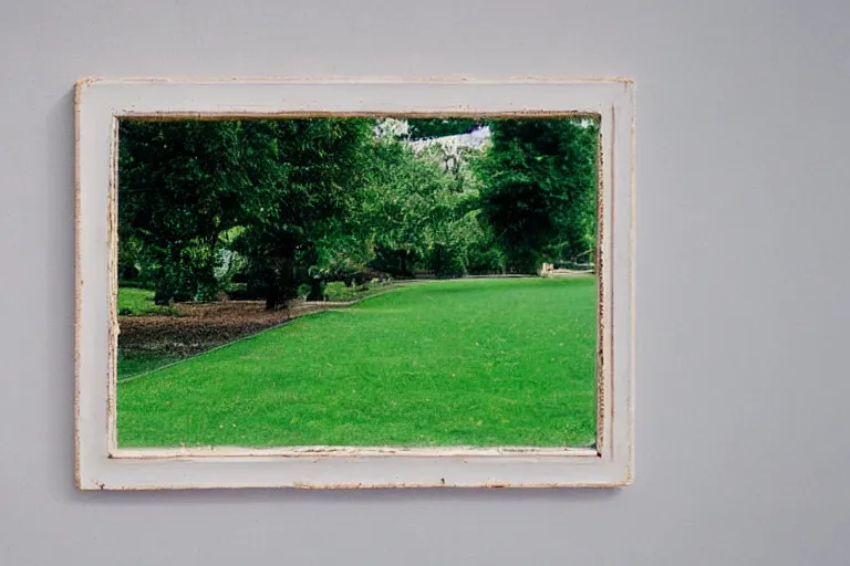 Prompt: film color photography, long view of small square mirror lies at the green lawn, no focus, 35mm