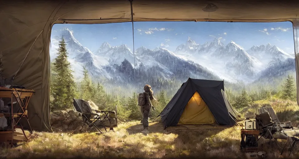 Image similar to cabela's beautiful comfortable carbon framed, military grade, modular insulated wall portable container home kit - house all weather family dwelling tent house, person in foreground, mountainous forested wilderness open fields, beautiful views, painterly concept art, environmental concept art, concept art illustration, by james gurney, by craig mullins, by greg rutkowski trending on artstation