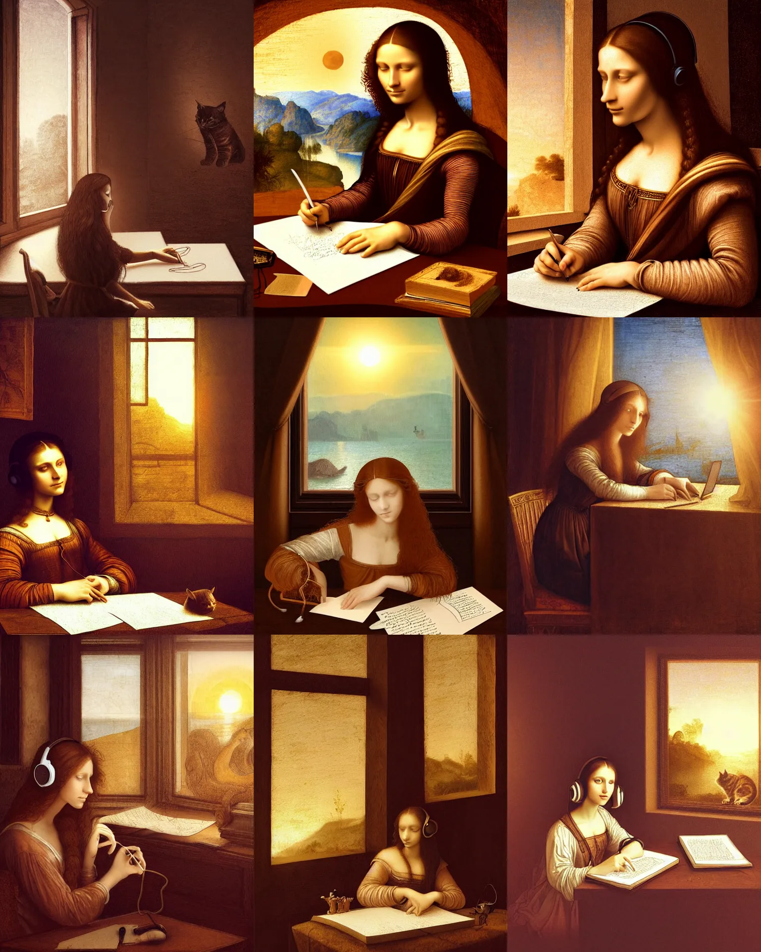 Prompt: Portrait of a long brown haired elegant woman with headphones in a warm glowing scenery writing on paper by leonardo da vinci, sunset, cat on desk, next to window in room, natural light beam, fantasy, intricate sparkling atmosphere, artstation, fine art, artgerm