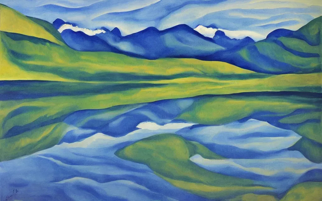 Image similar to the alps and reflection in a lake in the style of georgia o keeffe. colorful, wavy. painting.