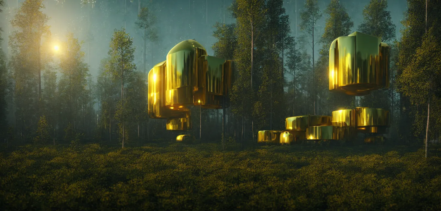 Prompt: futuristic shinny golden building in an forest landscape of a biopunk city by taras shevchenko and wlop, movie poster, golden ratio, evening lighting, film still, realistic, octane render redshift arnold materials unreal engine, 8 k post production, hyper detailed