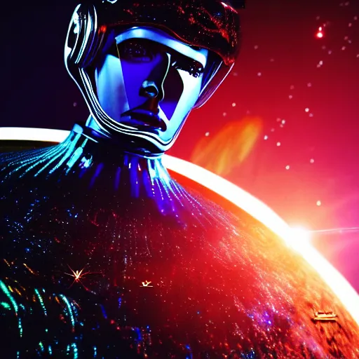 Prompt: portrait of david bowie wearing a rocknroll glitzy glamour spacesuit, beautiful, heroic action pose, stunning alien landscape, cinematic, dramatic studio lighting, close up, in the style of kubrick, ridley scott, jodorowsky, dune, star wars, transformers, moulin rouge, tron, science fiction, illustration, 3 d sculpture octane render