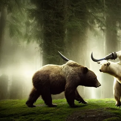 Prompt: a bear fighting a bull, magical forest, fantasy, Ireland, England, king Arthur, Lord of the rings, cinematic, realistic style, beautiful, majestic, dramatic lighting, early morning, dawn CGsociety, realistic, hyper maximalist, golden ratio, octane render, rule of thirds, wide shot , 8k resolution, epic volumetric light, cinematography, concept art, Artstation trending, environments, fantasy