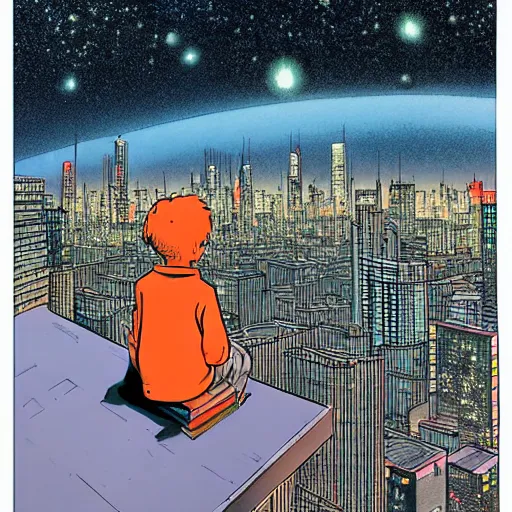 Prompt: a kid in a big city, sits on rooftop, watches a beautiful night full of stars and tech buildings, by satoshi kon and basil gogos