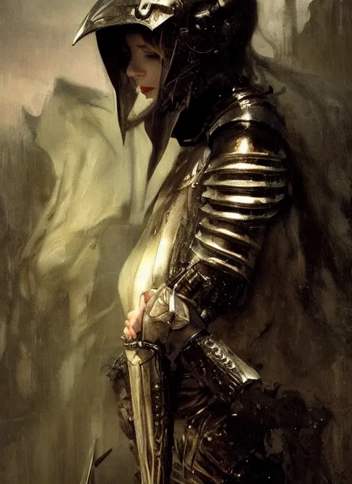 Image similar to young blonde vampire woman wearing black medieval armour, by gaston bussiere, bayard wu, greg rutkowski, giger, maxim verehin, greg rutkowski, masterpiece, sharp focus, cinematic lightning